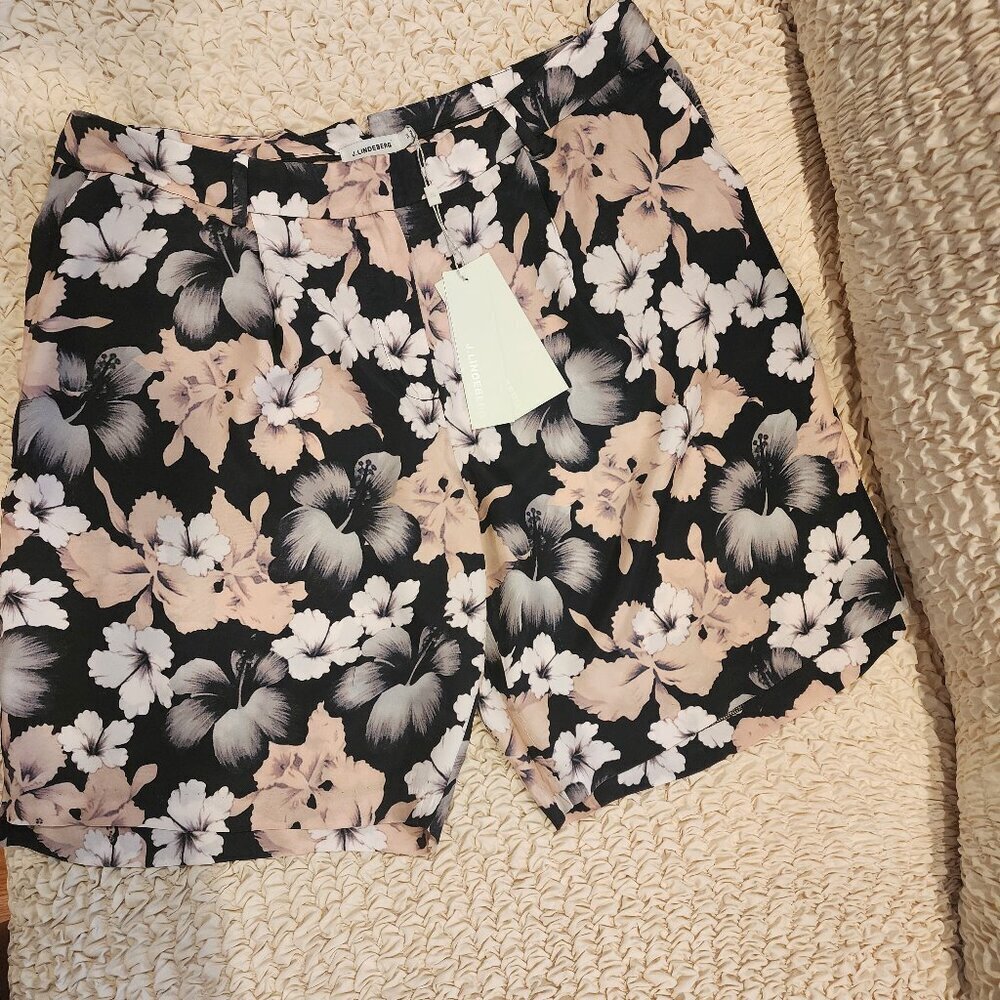 J. Lindeberg Floral Print Shorts, NWT, Black/Beige, Size 40